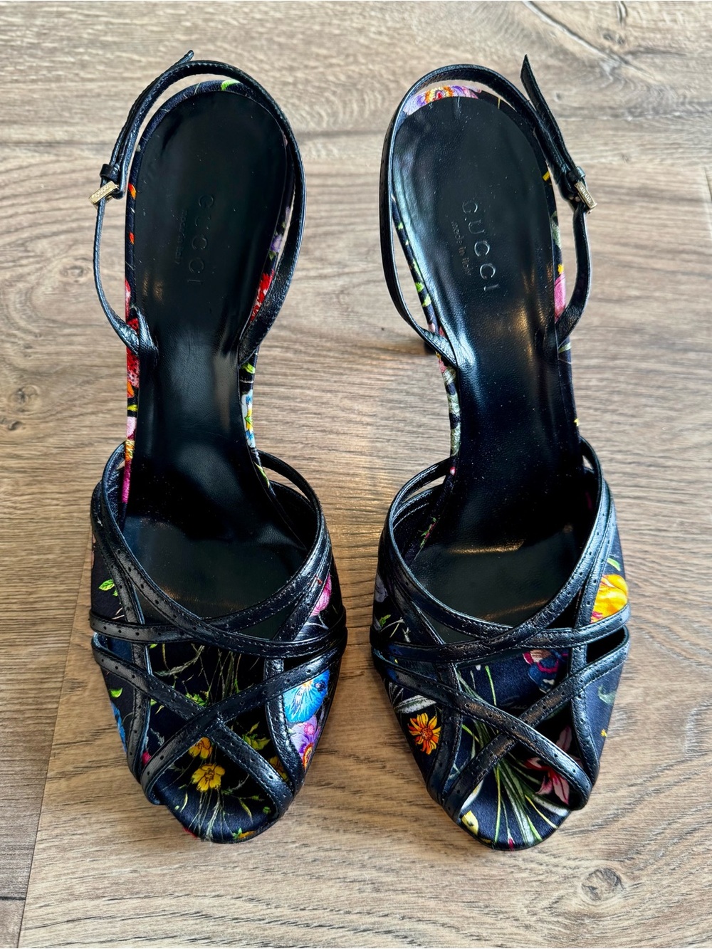 RARE Gucci Flora Satin Black Open-Toe Slingback Heels